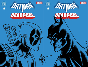[DF DC MARVEL BATMAN DEADPOOL #1 BLUE BLANK VARIANT TWO COVER SET SIGNED AND REMARKED BY KEN HAESER WITH DEADPOOL VS BATMAN SKETCH]